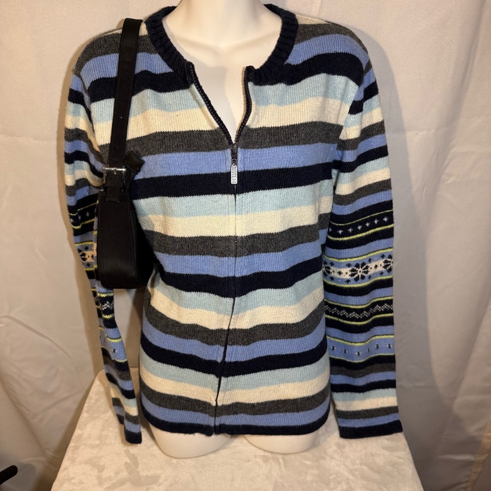 Route 66 Blue Striped Fair Isle Sleeve‎ Full Zip Sweater Womens XL